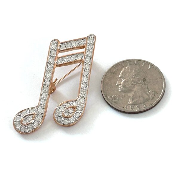 Clear Rhinestone Musical Note Brooch Pin Gold Tone Signed Roman - Picture 2 of 3